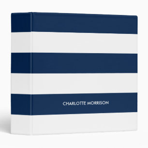 Modern  navy blue white stripes name monogram  binder