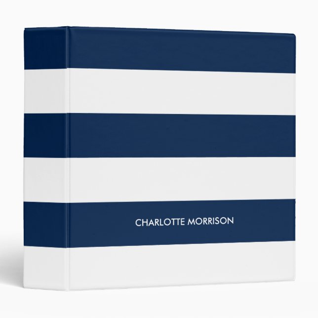 Modern  navy blue white stripes name monogram  binder (Front/Spine)