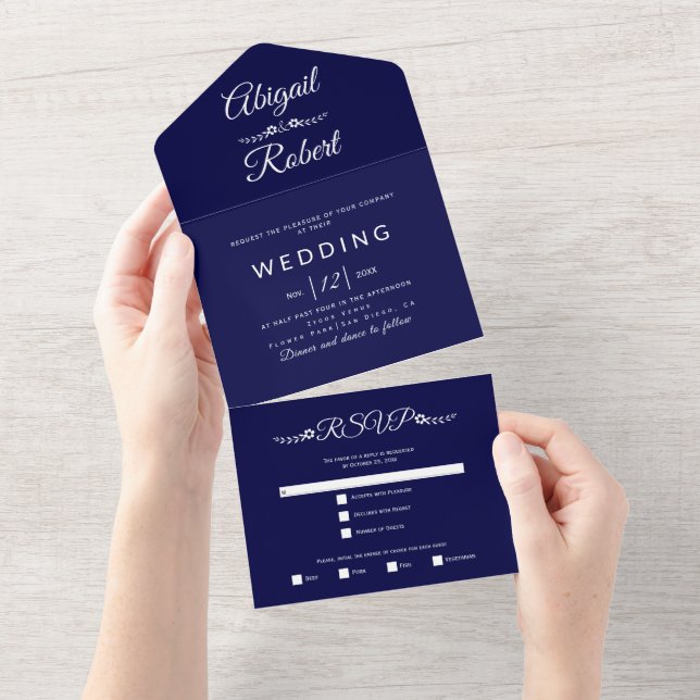 Modern navy blue, white typography wedding  all in one invitation (Tearaway)