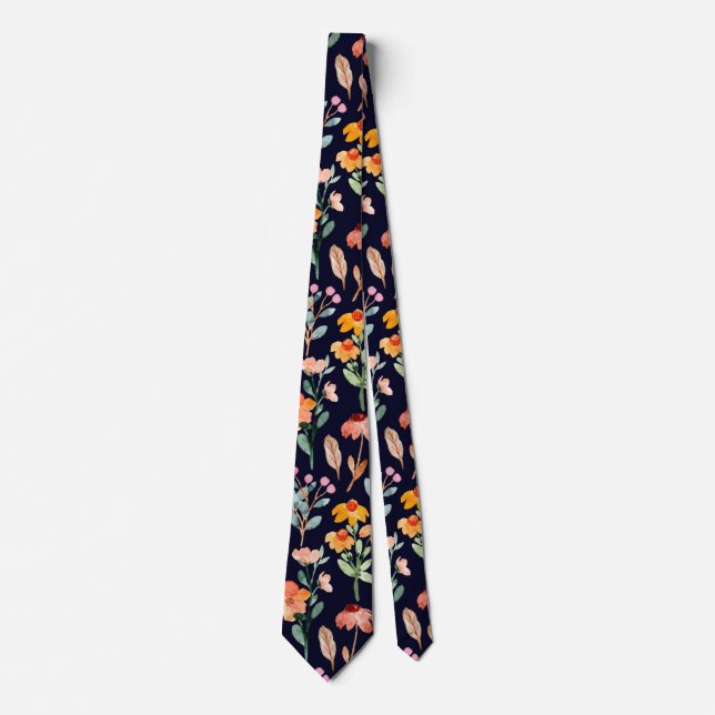 Modern Navy Blue Wildflower Watercolor Pattern Tie (Front)