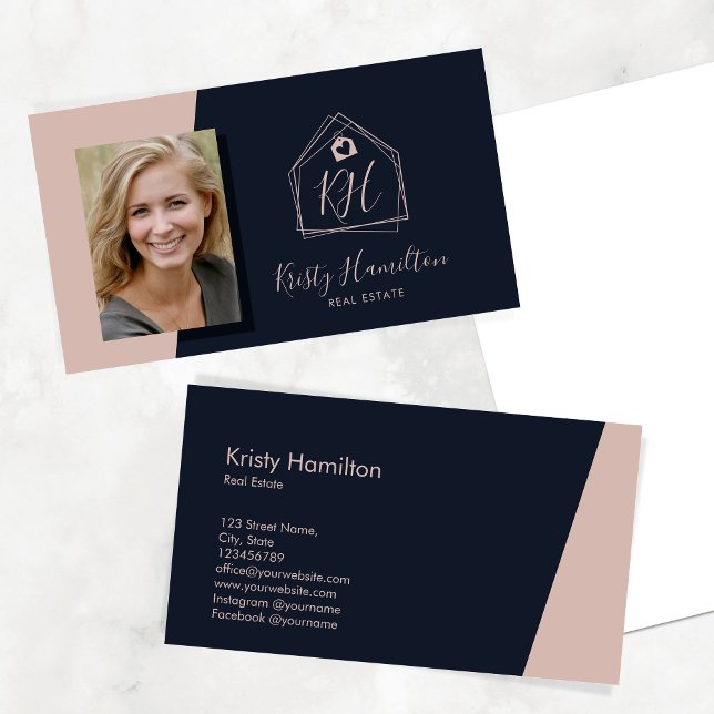 Modern Navy Blush Real Estate Professional Realtor Business Card (Creator Uploaded)