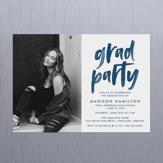 Modern Navy Brush Script Photo Graduation Party Magnetic Invitation (Creator Uploaded)