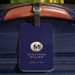 Modern Navy Brushed Gold Monogram Luggage Tag<br><div class="desc">A modern luxury vertical design in classic style with a navy blue and brushed metallic gold monogram emblem with large typographic initial monogram on a rich navy blue background. The text can easily be customized using the fields provided.</div>