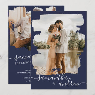Modern navy brushstroke script 2 photos wedding invitation