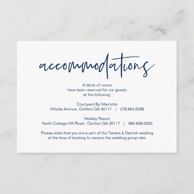 Modern Navy casual elegance Accommodations hotels Enclosure Card (Front)