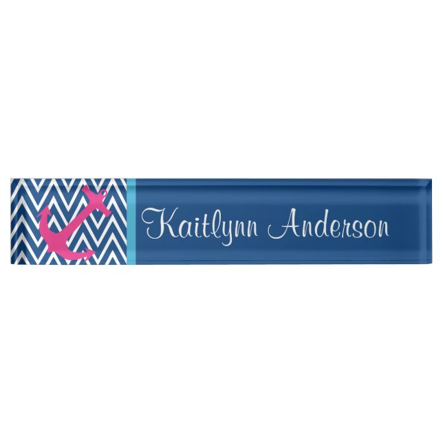Modern Navy Chevron Pink Nautical Anchor Nameplate (Front)