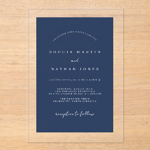 Modern Navy Clear Minimalist Wedding Acrylic Invitations