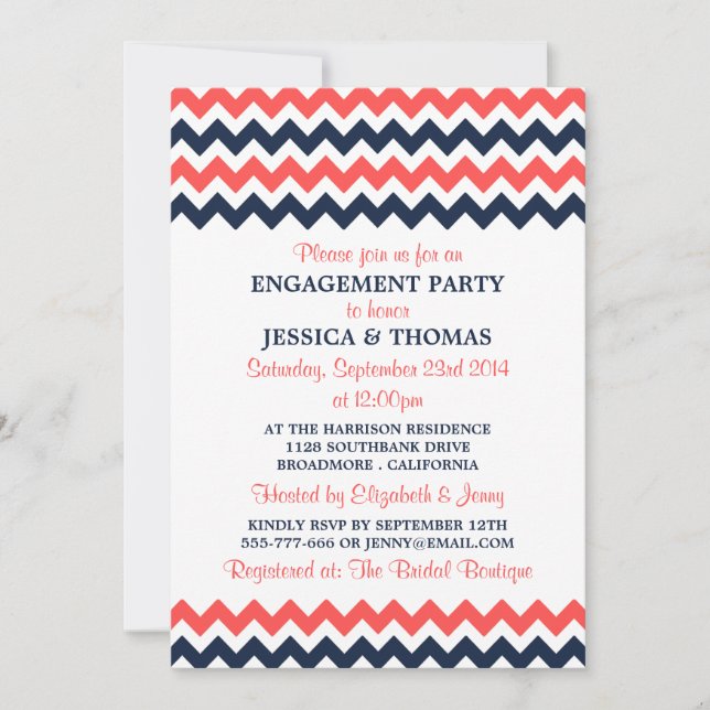 Modern Navy & Coral Chevron Engagement Party Invitation (Front)