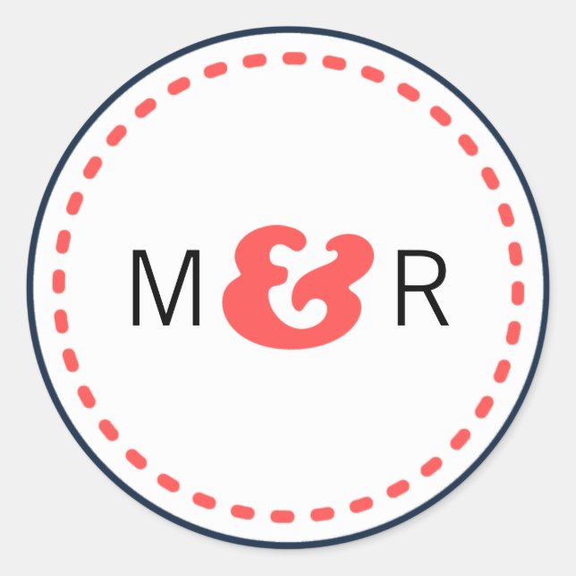Modern Navy & Coral Chevron & Lovebirds Wedding Classic Round Sticker (Front)