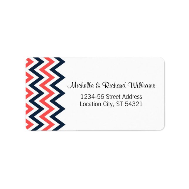 Modern Navy & Coral Chevron & Lovebirds Wedding Label (Front)