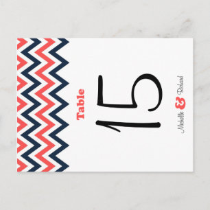 Modern Navy & Coral Chevron & Lovebirds Wedding Postcard