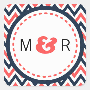 Modern Navy & Coral Chevron & Lovebirds Wedding Square Sticker