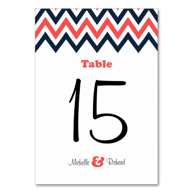 Modern Navy & Coral Chevron & Lovebirds Wedding Table Number (Front)