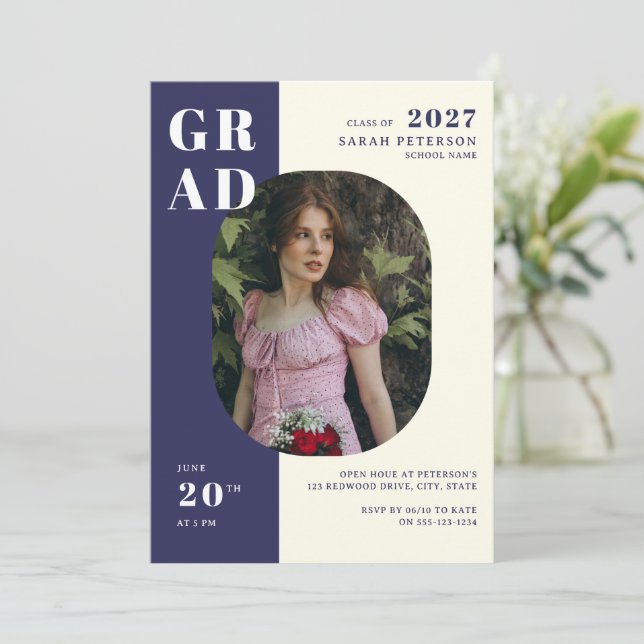 Modern Navy Cream Bold Typography Photo Graduation Invitation (Standing Front)