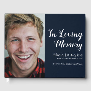 Modern Navy Custom Photo In Loving Memory Guest Book