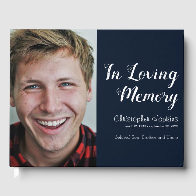 Modern Navy Custom Photo In Loving Memory Guest Book (Front)