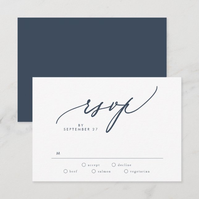 Modern Navy Dark Blue White Simple Wedding RSVP Card (Front/Back)
