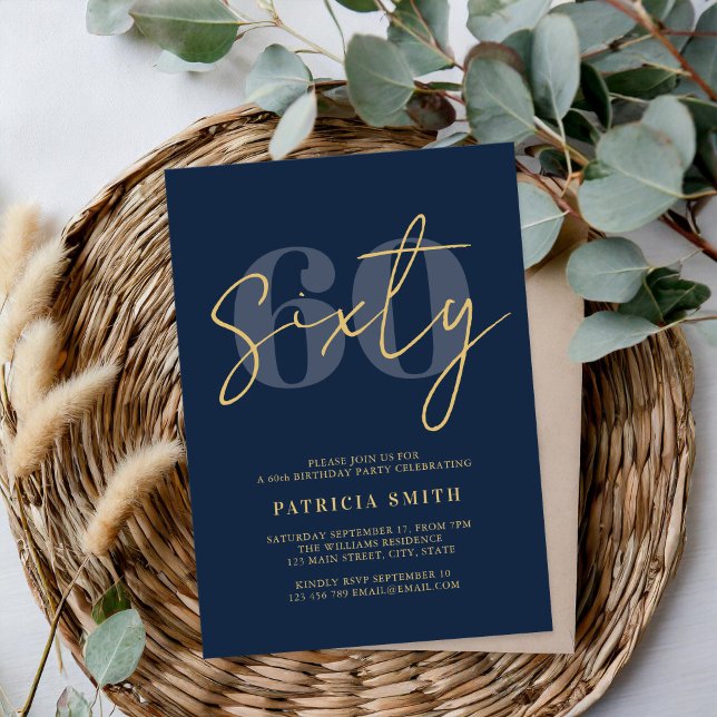Modern Navy Elegant 60th Birthday Invitation (Creator Uploaded)