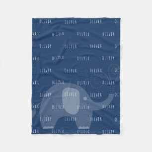 Modern Navy Elephant Personalized Name Boy Fleece Blanket