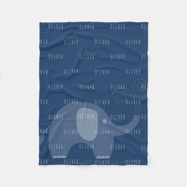 Modern Navy Elephant Personalized Name Boy Fleece Blanket (Front)