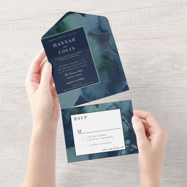 Modern Navy Emerald Abstract Watercolor All In One Invitation (Tearaway)