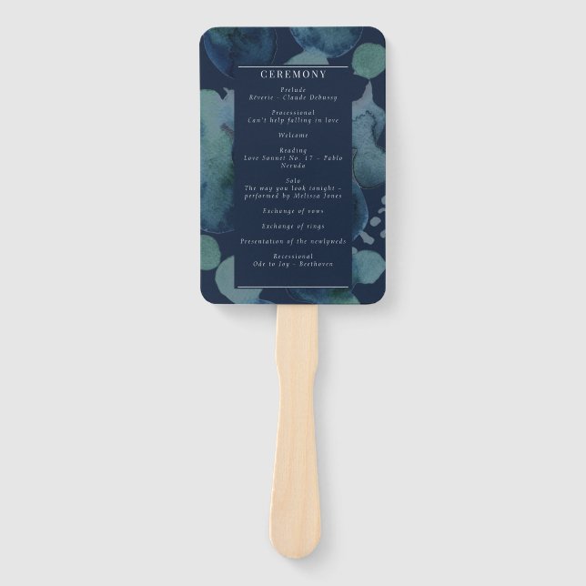 Modern Navy Emerald Abstract Watercolor Program Hand Fan (Front)