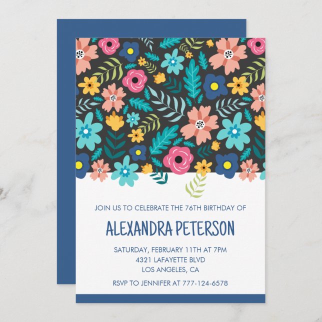 Modern Navy Floral Pattern 76th birthday Invitation (Front/Back)