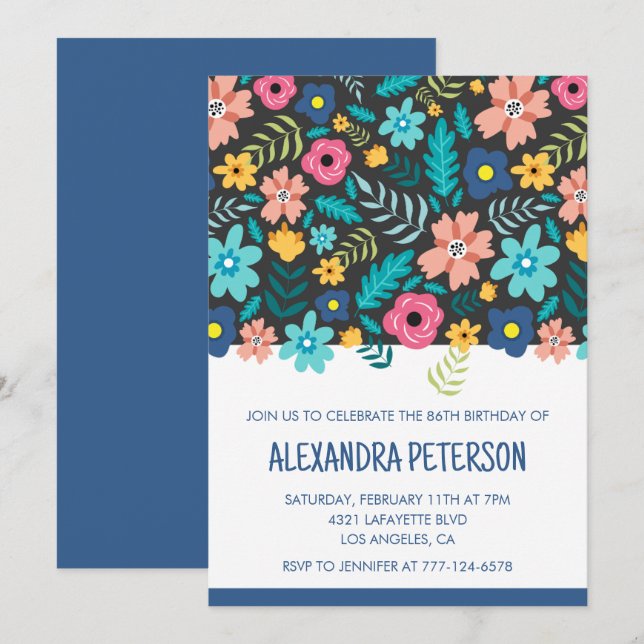 Modern Navy Floral Pattern 86th birthday Invitation (Front/Back)