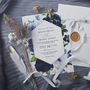 Modern Navy Flowers Budget QR Code Wedding Invitation