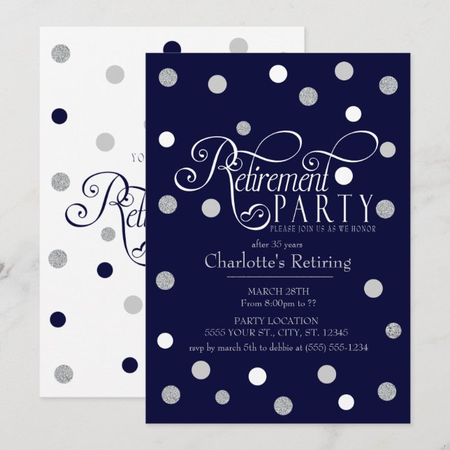 Modern, Navy Glitter Retirement Party Invitations (Front/Back)