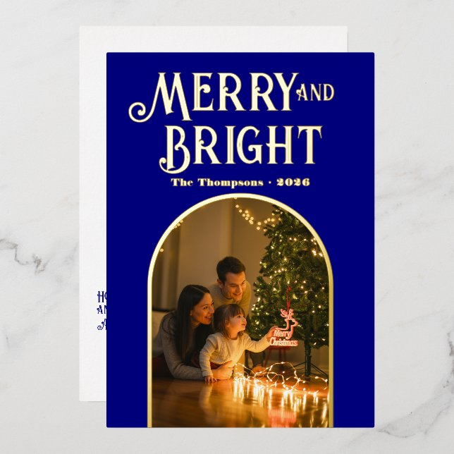 Modern Navy & Gold Christmas Photo Foil Holiday Card (Front/Back)