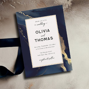 Modern Navy Gold Frame Elegant Boho Beach Wedding Invitation