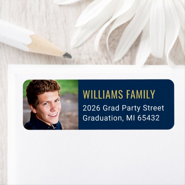Modern Navy Gold Graduation Photo Return Address (Insitu)