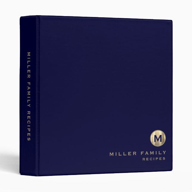 Modern Navy Gold Monogram Initial Family Recipe Binder (Front/Spine)