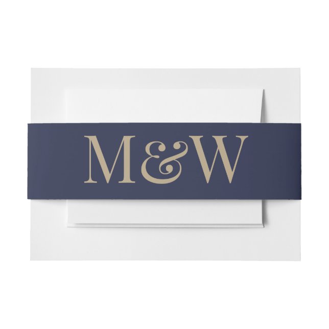 Modern Navy Gold Monogram Initials Blue Wedding Invitation Belly Band (Front Example)