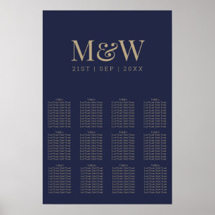 Modern Navy Gold Monogram Wedding Seating Chart