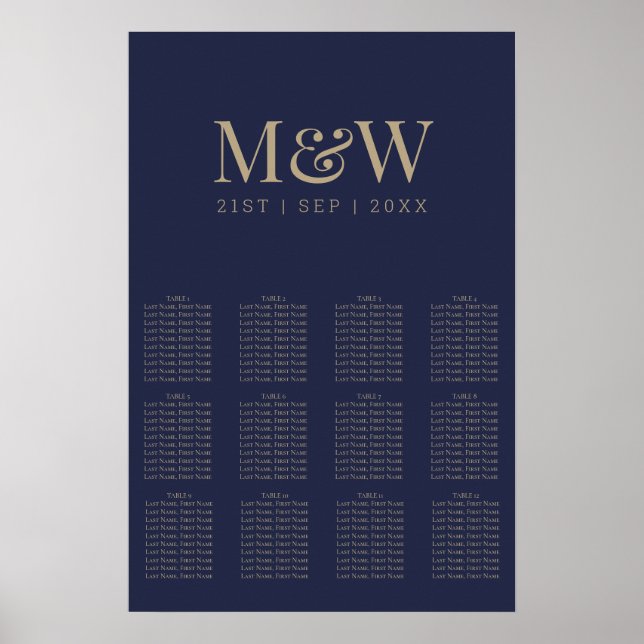 Modern Navy Gold Monogram Wedding Seating Chart (Front)