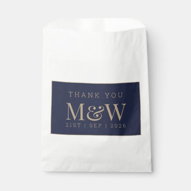 Modern Navy Gold Monogram Wedding Thank You  Favour Bag (Front)