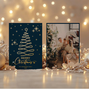 Modern Navy Gold Ribbon Tree Christmas Photo Card