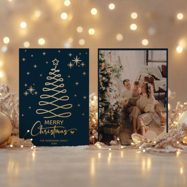 Modern Navy Gold Ribbon Tree Christmas Photo Card (Creator Uploaded)