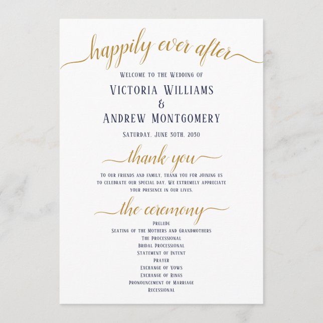 Modern Navy Gold Script Minimal Wedding Ceremony Program (Front)