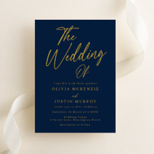 Modern Navy & Gold Script Wedding Invitation