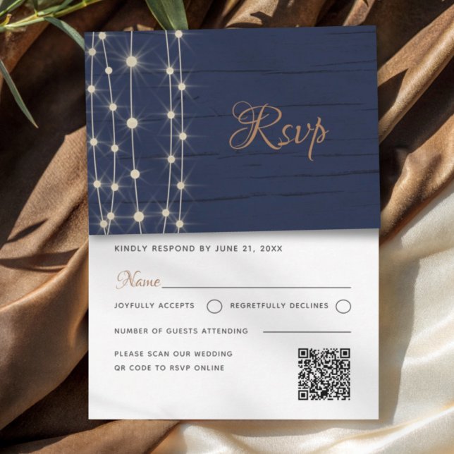Modern Navy & Gold String Lights Wedding RSVP Card (Creator Uploaded)