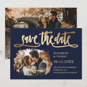 Modern Navy Gold Wedding Photo Save The Date