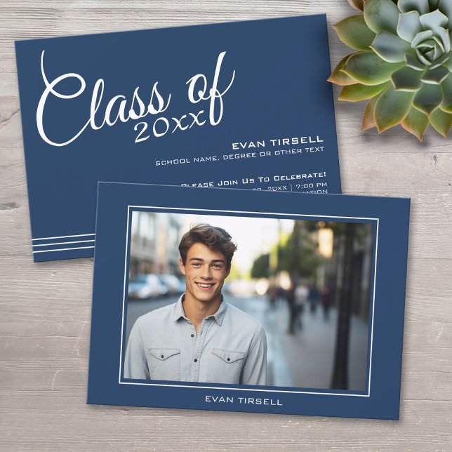 Modern Navy Graduation Photo Frame - Party Invitation (Custom Graduation Announcement)
