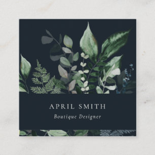 Modern Navy Green Leafy Tropical Foliage Fern Square Business Card