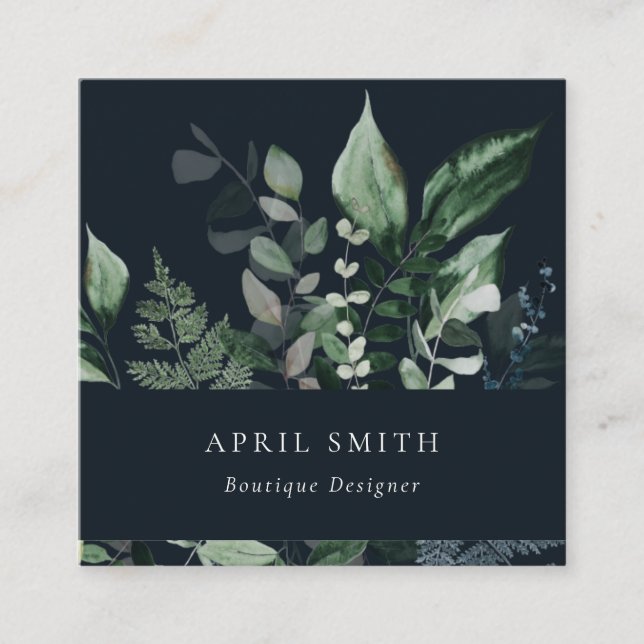Modern Navy Green Leafy Tropical Foliage Fern Square Business Card (Front)