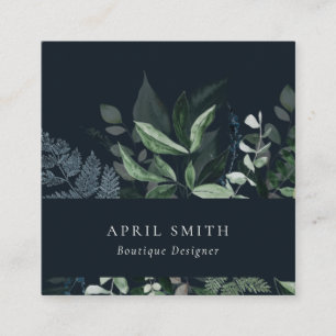 Modern Navy Green Leafy Tropical Foliage Fern Square Business Card