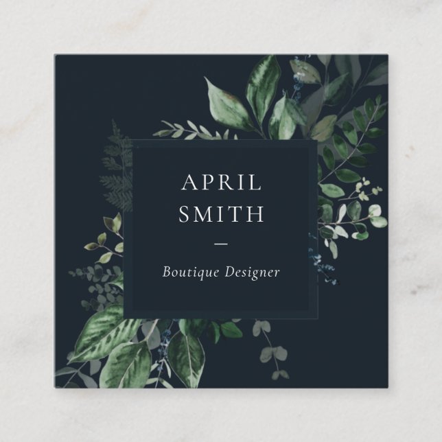 Modern Navy Green Leafy Tropical Foliage Fern Square Business Card (Front)