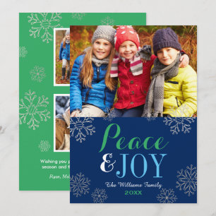 Modern Navy Green Peace and Joy Snowflake Photo Holiday Card